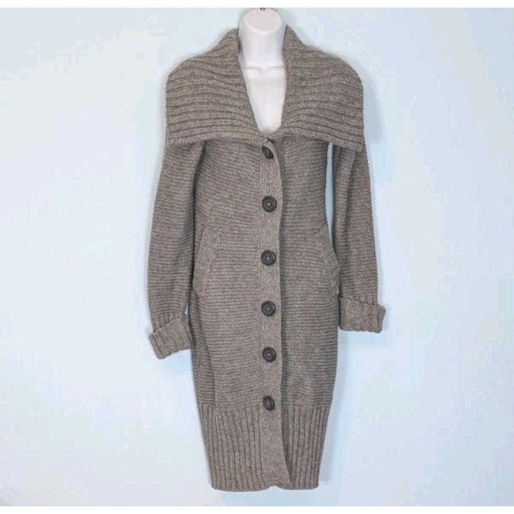 H&M Heavy Knit Duster Gray 6 Snap Button Front Pockets Wide Lapel Fall Basic